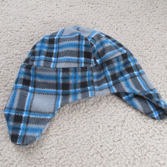 Healthtex Pullover Winter Beanie Hat Boys One Size 10" Across Blue Black Plaid - Picture 2 of 4